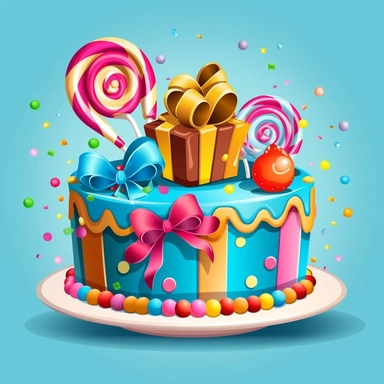 Create a clipart image of a birthday cake with a whimsical theme. Incorporate elements like candy, lollipops, and colorful fondant decorations.