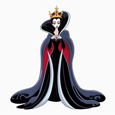 2d thick-lined clipart illustration of an evil but beautiful countess, in the style of 1959's sleeping beauty movie, white background