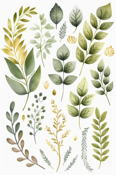 Watercolor clipart set with white background, branch cute leaves, cute and adorable, flat design, clearly defined separated image, light olive green color, high quality