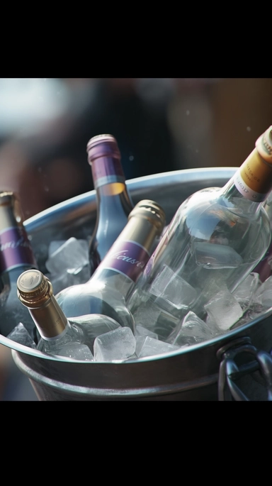 Close up closeup shot of wine bottle in ice bucket, lens focus, photographic shot, film clip, sparkling image. The picture has a dynamic rhythm, beautiful light and shadow, high saturation, oil painting texture, atmosphere, villagecore, cabincore, realistic fantasy art, soft and dreamy depiction, 8k, ultra high definition, symmetrical composition, details, harmonious image