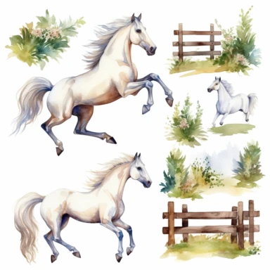 Watercolor horses racing in field , horse jumping over fence, illustrations clipart set, simple, white horse , cartoon elements, different variants , separate elements with a margin