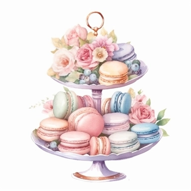 Clipart, Watercolor, Blush Floral Shabby Chic Tier Candy Tray with cupcakes, Macarrons and sandwiches, light colors, hand-draw, texture