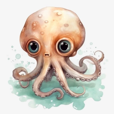 Watercolor: octopuses with big eyes, kawaii. png Full body realistic cartoon 32k UHD cute. 15 cm thick outline. Black color. There was no shadow on the ground. with realistic watercolors and detailed illustrations. Cartoon, PNG clipart, transparent white 