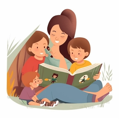 Mom Reading Book for Her Children Clipart: Literary Adventure, Imagination Unleashed, garden Reading book, Family Storytime, Intellectual Bonding Camera Type: Mirrorless. Camera Lens Type: Zoom lens. Time of Day: Morning. Style of Photography: Lifestyle. Type of Film: N/A. Aspect Ratio: 4:3. Shooting Mode: Aperture Priority. Camera Settings: Aperture f/4.5, Shutter Speed Auto, ISO 400. Post-Processing Techniques: Light retouching, slight matte effect.