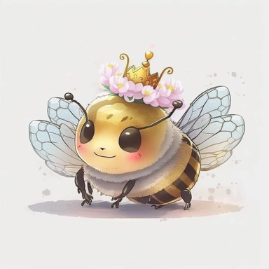 non-distinct white background, clip art, smiling, kawaii, watercolor, photo realistic, Ghibli, anime, queen bee, crown, hive