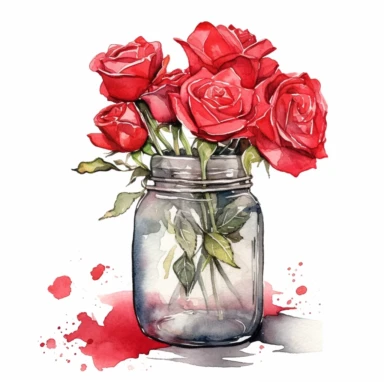 red roses, in mason jar, detailed, clip art, aquarelle, no text, white background