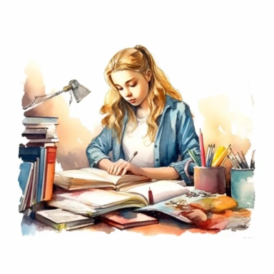 watercolor style, teenage girl learning at the perfectly organized desk, realistic, clipart, isolated on white background, 4K
