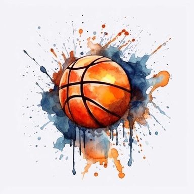 Basketball logo watercolor,simple Watercolor, hyper realistic, white background, white margins, 16k, ultra detailed clipart, cut out image, hand - drawn, whimsical manhwa style, ultra HD, sharp and clean art