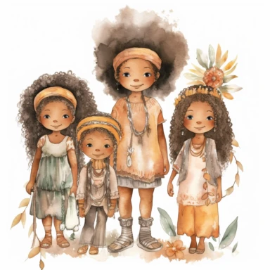 pretty African American children's nursery style water color clipart, cute kids, wearing boho style clothing realistic digital art, white background, s1000