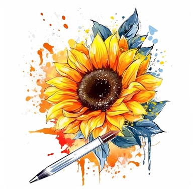 sunflower and pen letter drawn in watercolor, vector design, cutout,Sublimation Clipart ,Cartoon,hyper realistic, intricate detail, illustration style,high solution,on the white background
