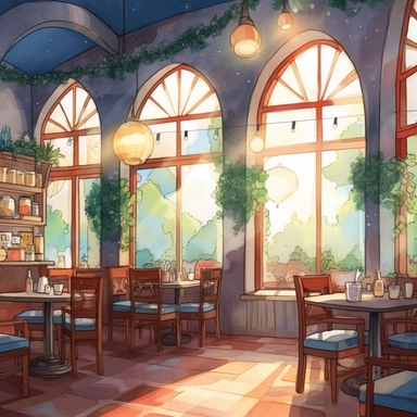 Vision, a 2D German style restaurant, no people, clipart, food, comfortable, luminous, dramatic lighting, super detailed, 2D, daytime, studio Ghibli style, watercolor, 8K