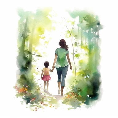 Mom and Me Watercolor, Clipart, High Res, Mother's Day, Mother's Love, waterpaint, fresh colors, happy, white backgroundm, simplified Art Nouveau, black person, walking ,enchanted forest, front to camera, version 4 style