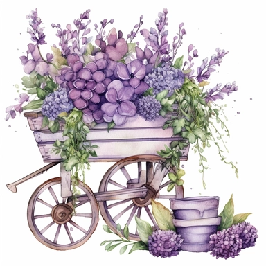 a set of unique EFFERVESCENT watercolor style clip art images in purple and green flowers growing a flower box, other purple flowers growing around it, lavender flowers, Wheelbarrow, dreamy intricate designs, the setting must be a floral dream, a secret garden theme, including garden decorations with elements such as fantasy, fantasy-inspired floral patterns, The overall mood of the images should be a fantasy floral wonderland, with a focus on the beauty and fantasy of gardening, and the eleganc