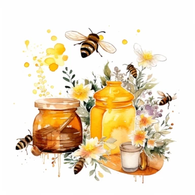 watercolor clipart, honey, bumble bees, hive