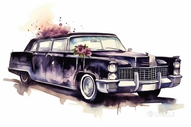 Watercolor illustration. Clipart. Gothcore. Detailed wedding car modern hearse, with cans and tiny skulls. Perfect and delicate details. Sharpen. Isolated on white paper background. Use shades of black and dark-red and other dark contrast colors to represent the Goth style. Precise details. The overall mood of the illustrations should be extravagant. The image should be adorned with details such as texture, shading, and other realistic features.