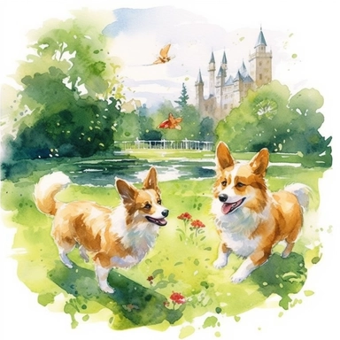 A lively scene of Corgis playing fetch in the park, showcasing their energy and agility, Clipart, watercolor, white background, intricate detail.
