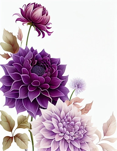 detailed watercolor purple dahlia flower corner border template , isolated on white background, realistic, clipart