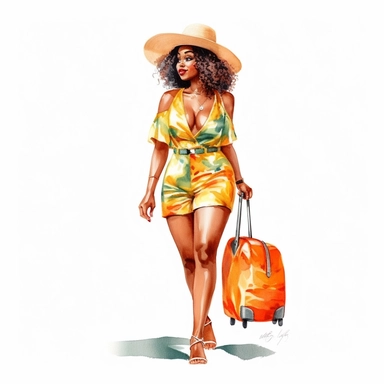 Realistic watercolor full body glamourous fat black woman, 35 year old lady with luggage, summer hat, clipart, cozy, bright warm colors, character design, highlydetailed, full body, isolated on white background