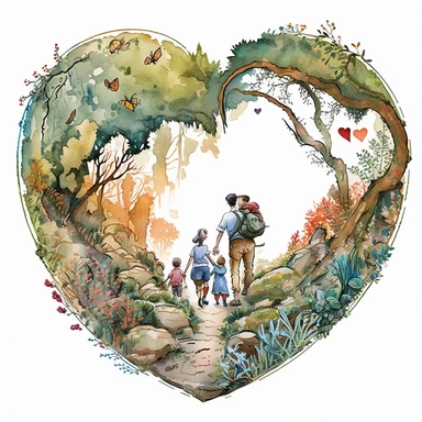 a cute loving American family hiking in a magical summer woods mountain (a perfect close-up view from the back) with its own habitats (flowers and plants) made into a heart-shape, vintage in watercolor style clipart, use darker tones, higher saturation colors, Banksy artstyle with minimal effects, super creative watercolor, white background