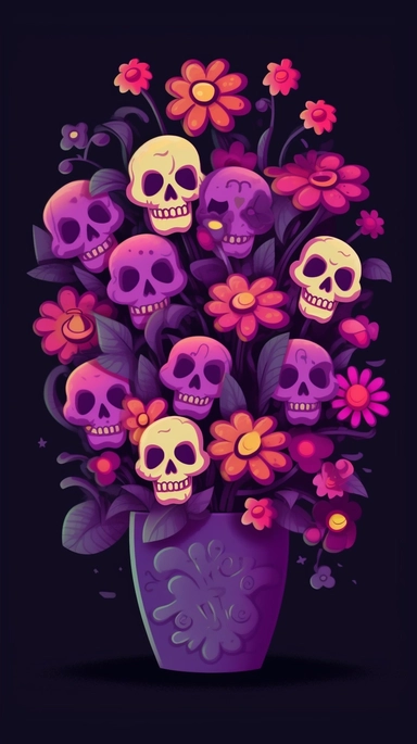 create a funny flowers bouquet, magenta and purple petals, as Halloween, bright green stem, black background, tiny purple bats flying around the flowers, and some tiny funny Catrina skulls for Halloween over emery flower, clipart,