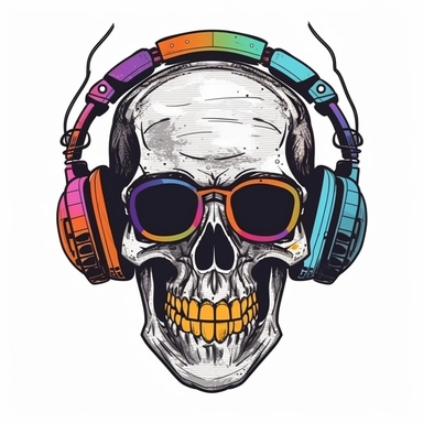 music skull sublimation clipart, vector, illustration, 2d, flat colors, isolated background