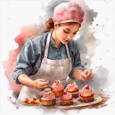 watercolor, realistic, no background, white margins, 8k, ultra detailed clipart, no text, no logo, no trademark, hand-painted style, a pastry chef with light pink accents, expertly creating beautiful and tasty baked goods