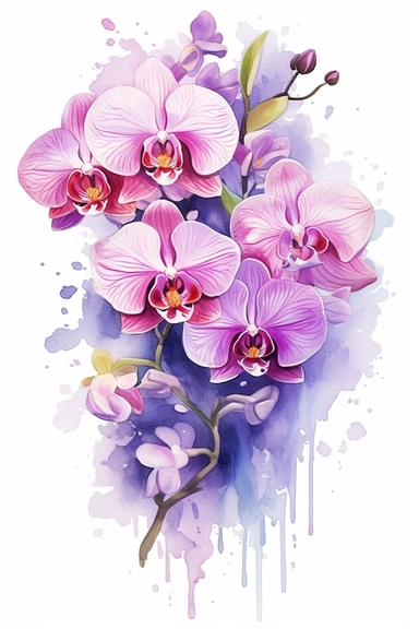 orchids flowers funny, sweet, watercolor, watersplash, White Background, Clipart kawaii clip art, white background, illustration, detailed, realistic, botanical, adorable eyes, watercolor