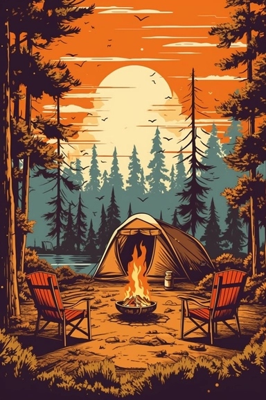 camping scene with campfire, chairs, and tent in the woods during the summer months. vector clip art illustration, detailed, rustic