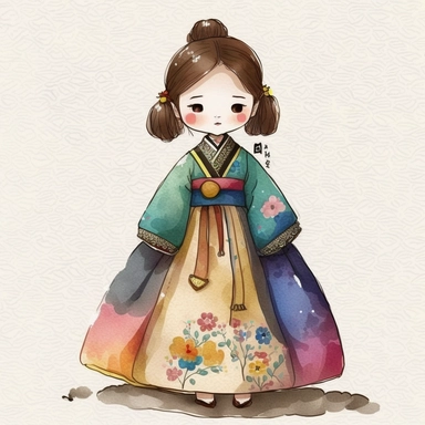 a cute little girl is wearing Korea traditional dress Hanbok. watercolor clipart, the skirt layers are designed to create a full and flowing silhouette, rainbow color jacket, The jacket worn by women in the royal family has long sleeves that are wide and 