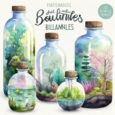 watercolor biomes in a bottle clipart, details