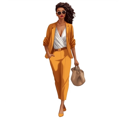 realistic illustration of Fashion-forward African American woman: Illustrate a clipart of a stylish African American woman wearing fashionable clothing and accessories. Showcase her confidence and individuality through her outfit and pose. clipart, isolated on white background, 4K