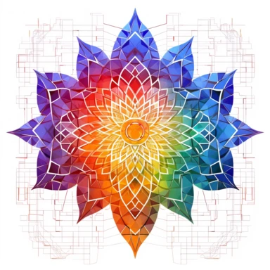 clipart of geometric leaf, matrix code, intricate, vibrant chakra colors, sacred geometrical patterns, on white background