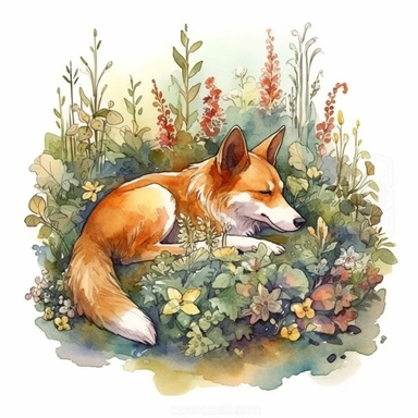 Lazy Dog Sleeping in garden over Flowers and Leaves ,Isolated,Watercolor Clipart