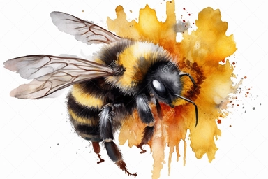 Aquarelle Bumble Bee Clipart a poppy flower, detailed painting, white background, single design, isolated white background, 8k, spaced out