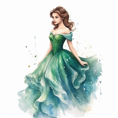 watercolor, hyper realistic, white background, white margins, 16k, ultra detailed clipart, cut out image, hand-drawn, whimsical , ultra HD, sharp and clean art a pretty, graceful and elegant lady, upper body only, pixar style, beauty and the beast movie inspired. Emerald Green