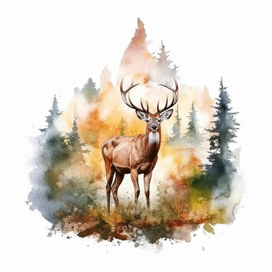 watercolor style, buck deer with the mountain forest in the back clipart, isolated on white background, hd