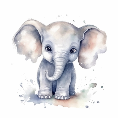 A delightful and charming watercolor clipart of an adorable baby elephant, designed for commercial use. This heartwarming composition captures the innocent charm of the African Safari Zoo animal, set against a crisp white background that accentuates its delicate watercolor textures and playful features. The baby elephant, with its gentle eyes and playful trunk, is skillfully painted in a soothing palette of grays and pastels, encapsulating the essence of nursery-themed art. The clipart emphasize