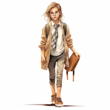 feminine watercolor line artwork clipart illustration of a school kid full body in neutral realistic colors, isolated on a white background, spaced out, 4k, hyper realistic