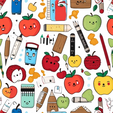 collage of cute clipart for school teachers, pens, pencils, crayons, rulers, apples, lunchboxes