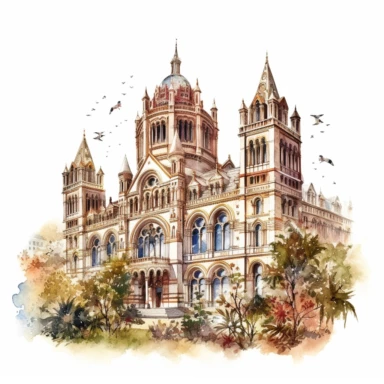 A beautiful illustration of the Natural History Museum, a masterpiece of Victorian architecture, Clipart, watercolor, white background, intricate detail.