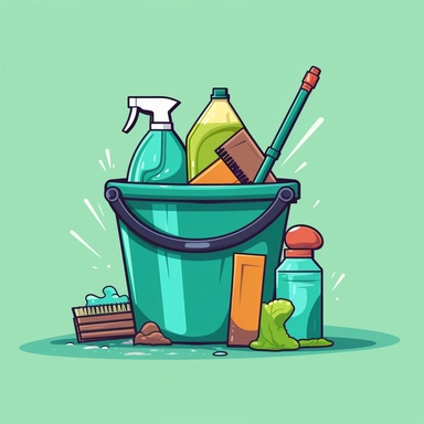 In clipart style with a tranparent background, A green plastic bucket containg various cleaning supplies including, a rag, a spray bottle and a toilet brush