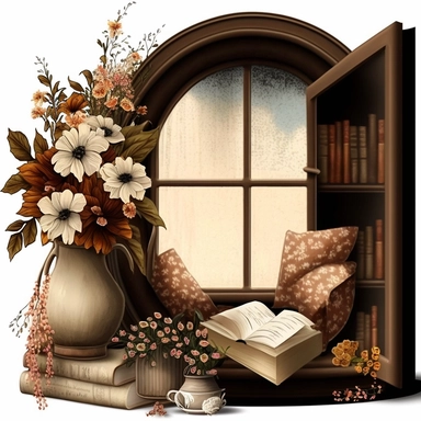 Bookworm cozy reading corner, flowers, window, brown and cream color, clipart
