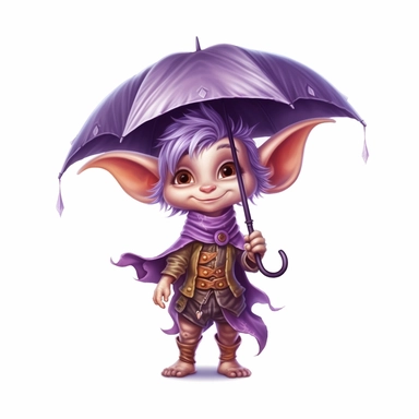 Cute Adorable magical little Elf with big pointed ears holds a umbrella in his hand wears a raincape and stand in the rain on a country road, clipart, photorealistic illustration, watercolor, high detail, 8k polished, 8k, vibrant colors, sticker, majestic, die cut, black and purple color, white background