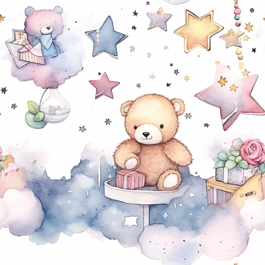 Draw a watercolor-style clip art images that feature objects related to an aesthetic adorned with floral starts glitters and clouds nighttime nursery kids design bedding time designs. The images should have aesthetic, and should incorporate elements such as watercolor [gold] whimsical and cute illustration in watercolorLeaves Sky Girl Space Teddy Bear Book Ice Cream Flower Vivid Hyperdetail Illustration Vintage Borderless Pattern design with black ornaments on the body, in a Scandinavian folk ar