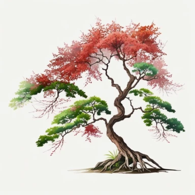 Watercolor, Japanese Maple Tree, old, long branches, Clipart, springtime japanese tree, grass, white background