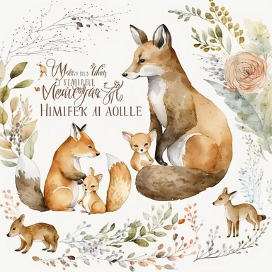Mother's Love and cute Baby Animals watercolor forest clipart. Forest Moms Love and little Animals set of high quality hand painted flora and fauna illustrations, clipart set includes hand drawn watercolor elements, with white background, Mother and baby woodland animals, mother deer and fawn, mother squirrel and baby squirrel, mother rabbit with bunny, mother bear and bear cub, mother fox with fox cub