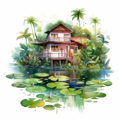 watercolor magical bungalow house in the tropical jungle with amazing garden clipart near the river, lotus plants on the water surface, peacefull, white background, 8k