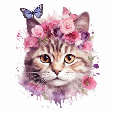 Floral cute Scottish cat, flowers on her head, with pink butterflies, cat face, clipart Scottish cat, on white background, hd