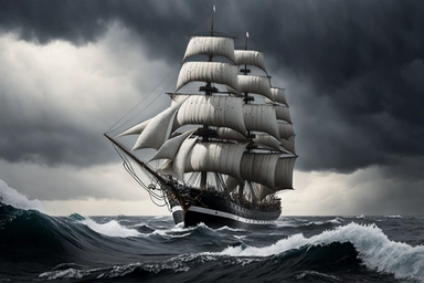 a fully rigged clipper sailing ship rounds cape horn on a gray stormy day. The photo was taken in front of the ship from a low vantage point. The ship is tilted by the strong wind and fights against the heavy swell. The rendering is done using Octane Render and Blender, with a 32k resolution, providing an ultra-realistic and ultra-detailed image, a blend of dark fantasy and science fiction. The final result is a beautiful, photorealistic, and cinematic masterpiece, a perfect blend of beauty and 