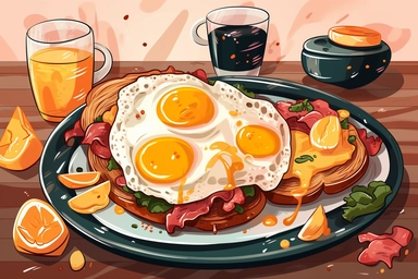 American traditional breakfast with popular products closeup delicious fried egg with bacon and pepper vector hand drawn clipart isolated on background cute illustration concept of meal food